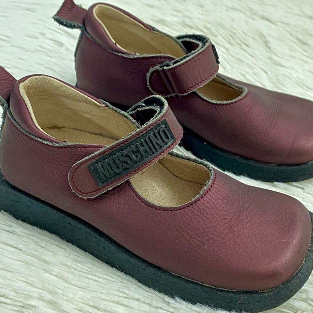 Love Moschino Burgundy Girls Sz 4 Mary Jane Leather Rubber Logo Shoes - Picture 9 of 13